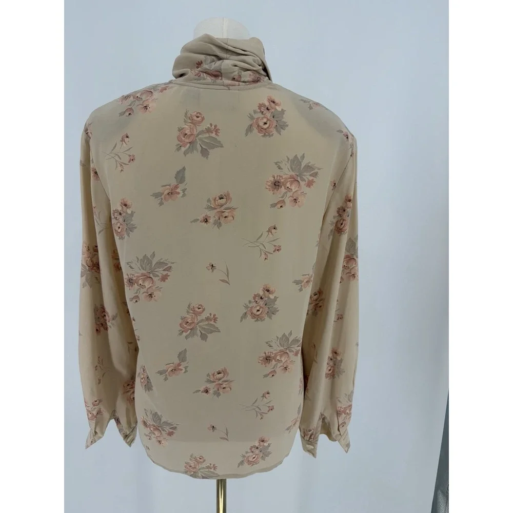 VIntage Silk Chiffon Floral Tie Neck Button Blouse Size 4 Beige Cottagecore